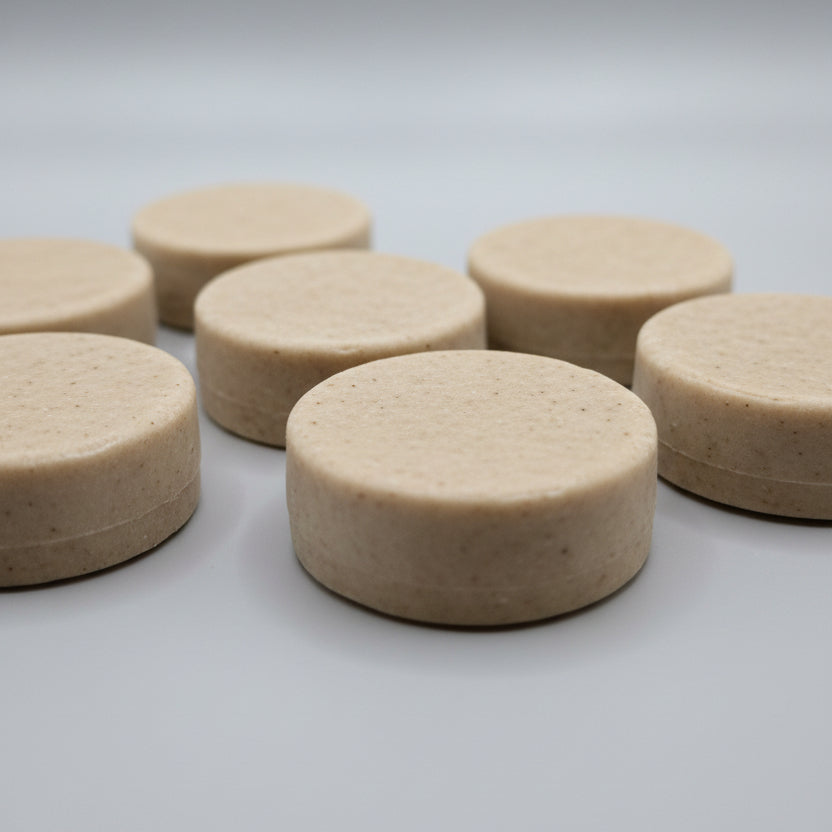 Close-up of round beige objects on a textured surface