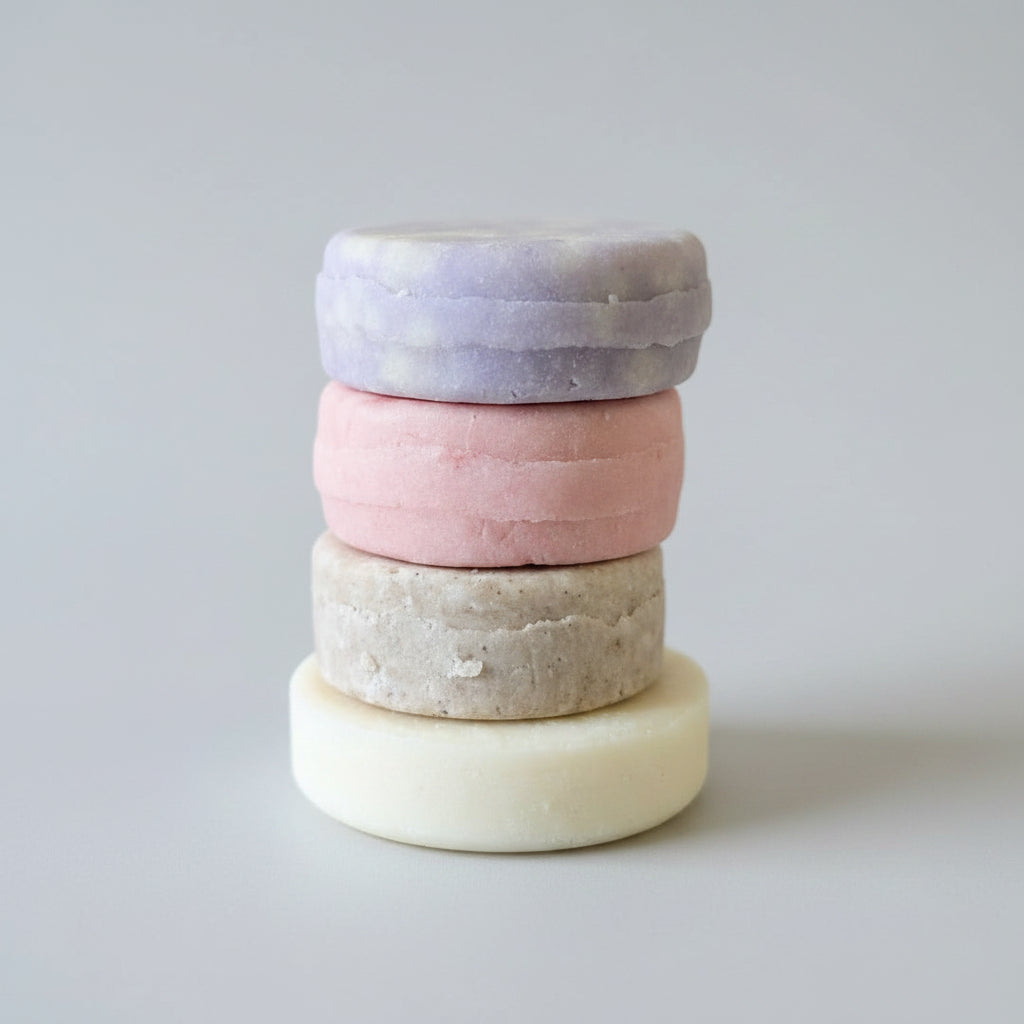 Three cylindrical soap bars in purple, pink, and white on a wooden surface.