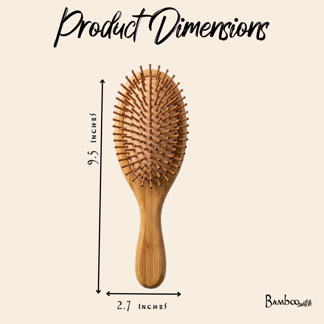 Wooden hairbrush with dimensions labeled on a beige background