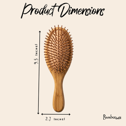 Wooden hairbrush with dimensions labeled on a beige background