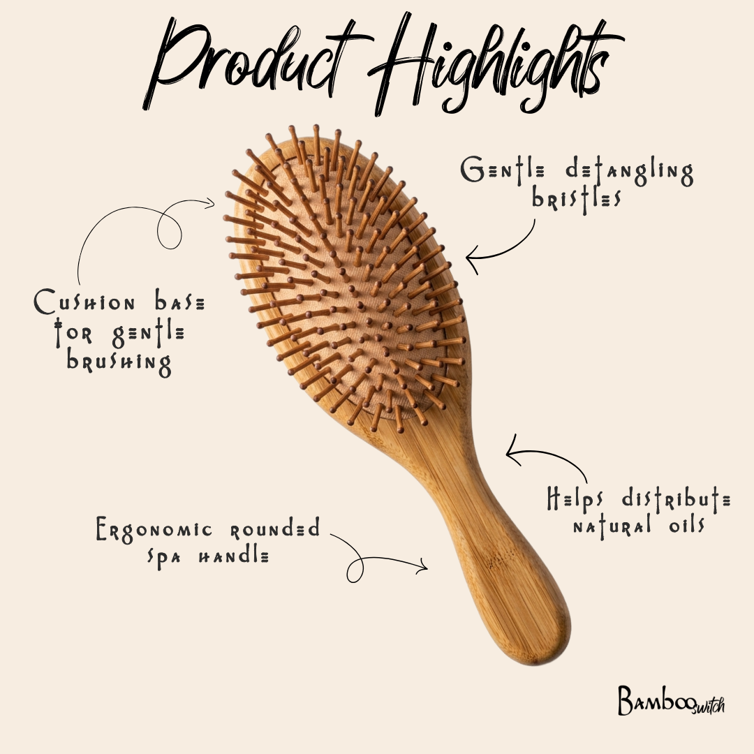 Wooden hairbrush with features labeled on a beige background